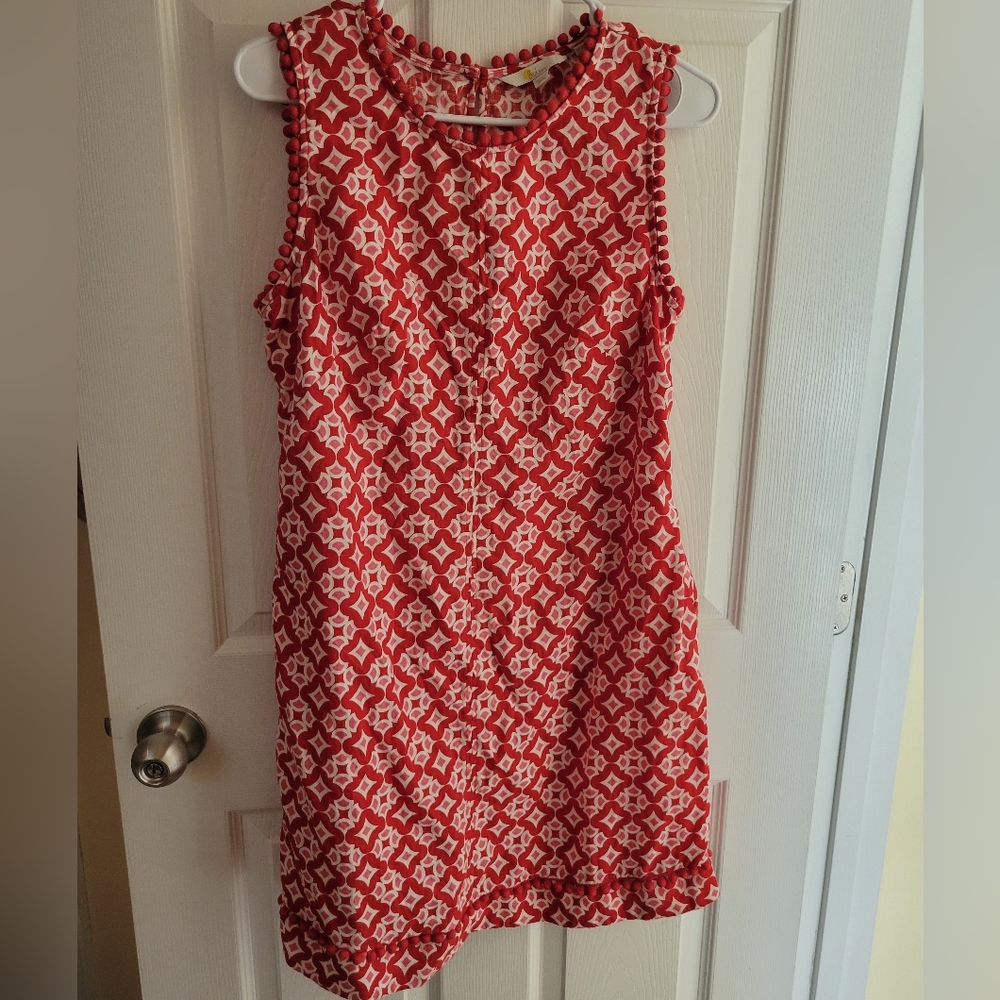 Boden Sheath Dress Size 14 Red Pink White Pompoms